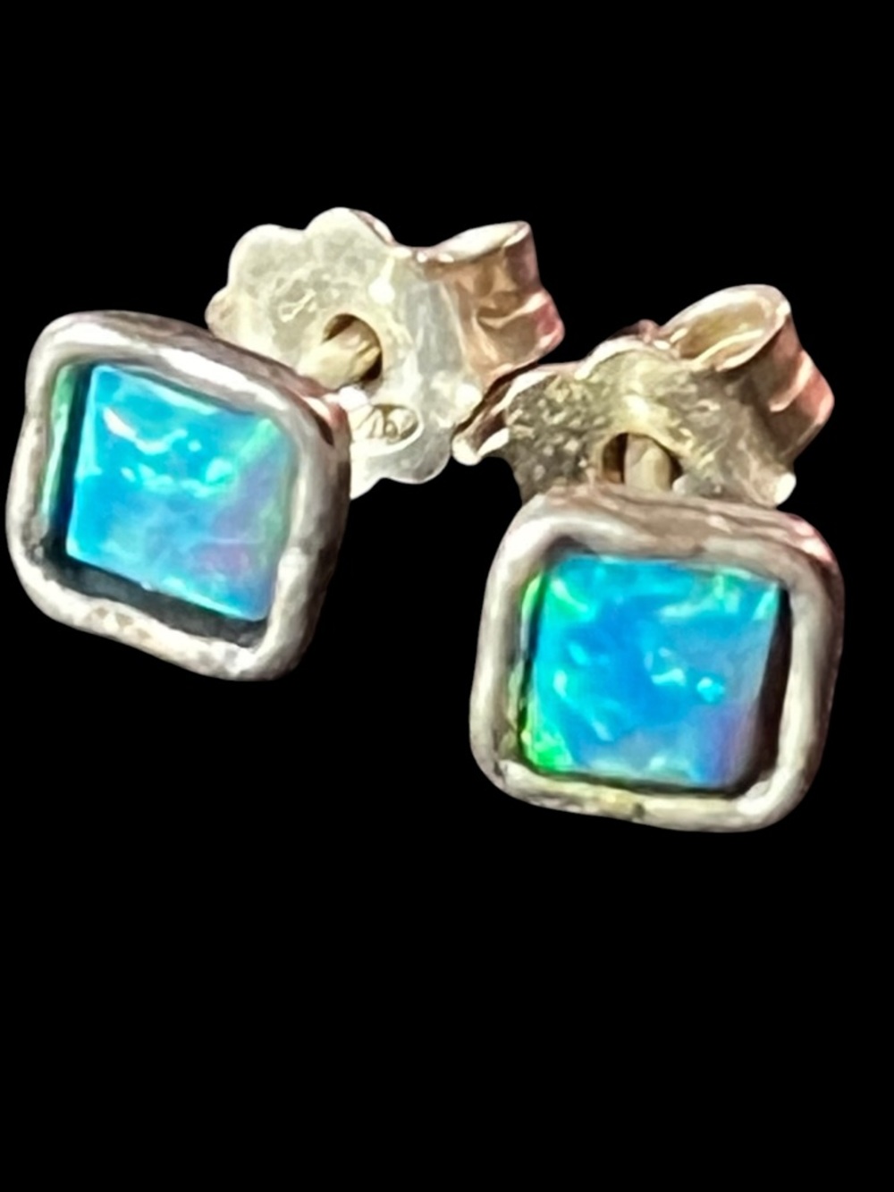 Vintage Sterling Silver 925 Blue Opal Square Stud Earrings